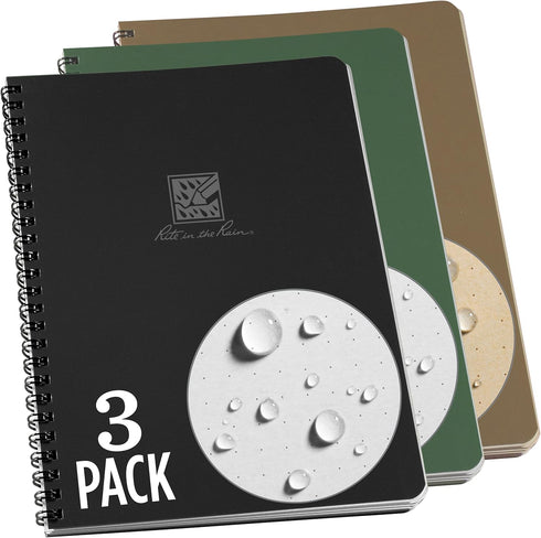 Rite in the Rain Weatherproof Side Spiral Notebook, 3 Pack, 6.625" x 8.5", Black, Tan, Green Covers, Dot Grid