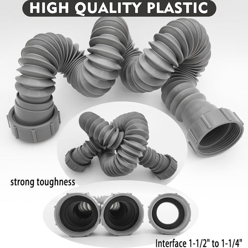 Flexible P-Trap 1-1/2" (Grey) with 1-1/4" Adapter, Female Nut for Kitchen Sink Drain, Variable Height