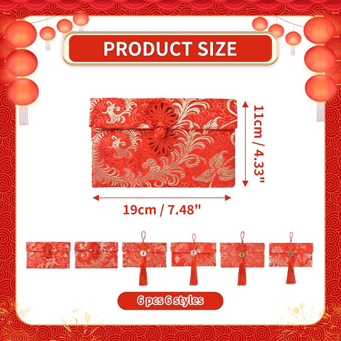Silk Red Envelope 6PCS New Year Red Envelopes, Chinese Red Pocket for Spring Festival Wedding, New Year Birthday (3