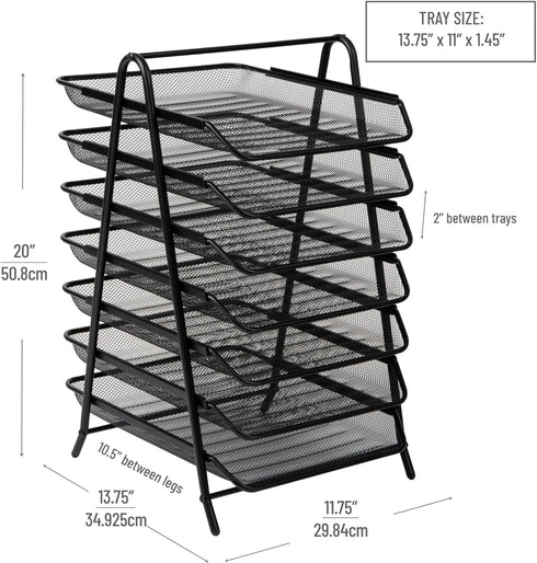 Mind Reader 7-Tier Paper Tray, Desktop Organizer for File Storage, Metal Mesh, 11.75" L x 13.75" W x 18" H, Black
