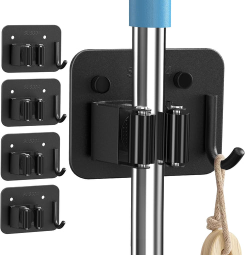 4 Pack Stainless Steel Broom Holder Wall Mount - Heavy Duty Utility Rack for Home, Kitchen, Garage Organization (Black)