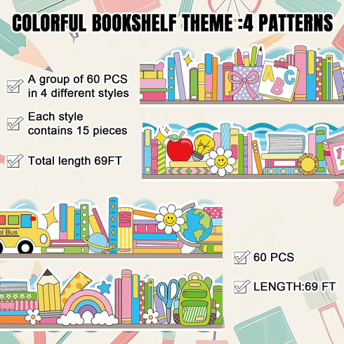 AnyDesign 69 60Pcs Ft Colorful Bookshelf Bulletin Board Border Border Trim Self-Adhesive Back to School Bulletin Board