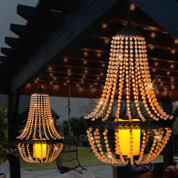 BAYN Hanging Candle Chandelier Outdoor, Battery Operated Clear Acrylic Beaded Chandelier with Flickering