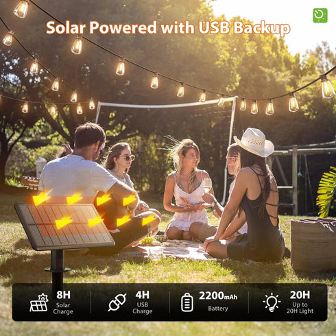 KYY 54FT Dimmable Bulbs Solar String Lights Outdoor Waterproof with USB Charging & Remote, & Timable, Solar Powered