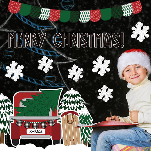 Whaline 139Pcs Christmas Classroom Bulletin Board Decoration Kit, Xmas Tree Red Truck Cutouts with Glue Point Stickers