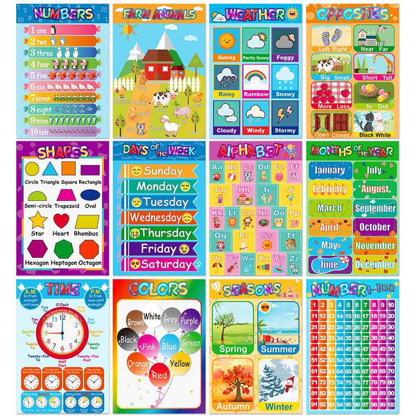 Educational Posters for Preschoolers, 12PCS Alphabet Letters, Numbers, Shapes, Colors, 11 x 16 Inch