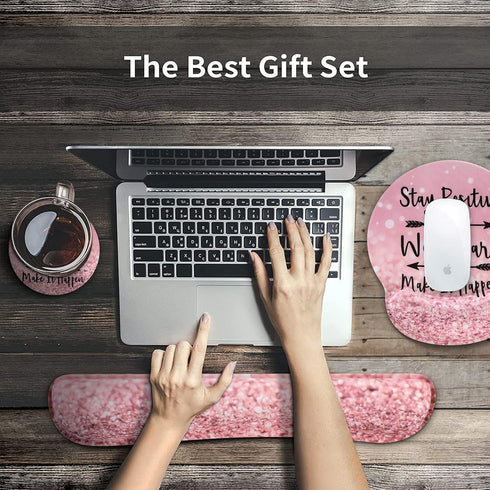 iCasso Large Pink Mouse Pad, 4in1 XXL Desk Mat with Wrist Rest and Coaster Set for Home Office