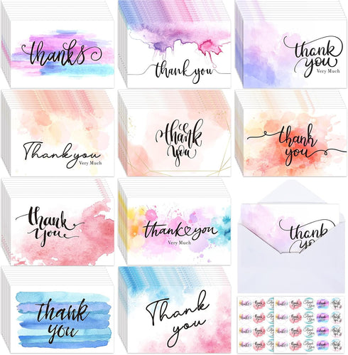 Faccito 100 Watercolor Thank You Cards with Envelopes and Stickers, Baby Shower, Graduation,
