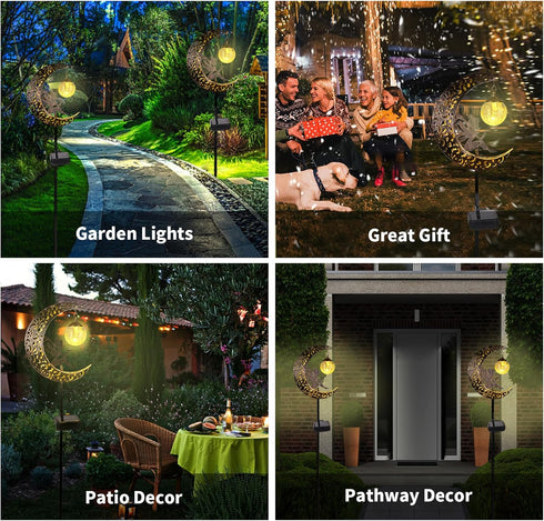 Solar Garden Lights Outdoor Decor,Moon Fairy Crackle Glass Lights,Waterproof Warm White LED Metal Stake Ornament