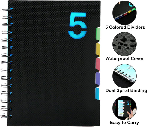 CAGIE 5 Subject Notebook with Dividers, 220 Pages, A5 Spiral Bound, Wide Ruled, Black