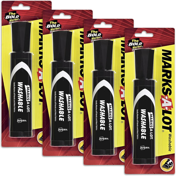 Marks A Lot Jumbo Black Washable Marker, Chisel Tip, 4 Packs Total (1 Marker per Pack)