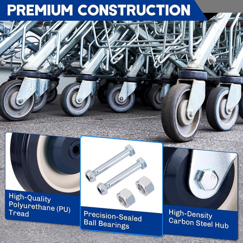 4 Pack 5" 2 Stemless 2 Shopping Cart Replacement Wheels Kit | Casters & Stem Threaded Casters Wheels with Hardware