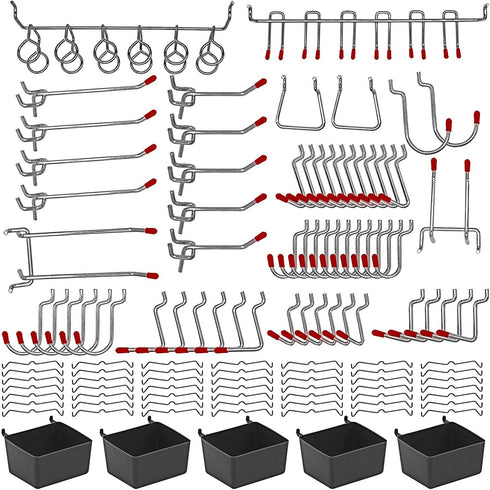 114 Pcs Pegboard Hooks Assortment with Metal Hooks, Bins, and Peg Locks for Organizing Storage System Tools