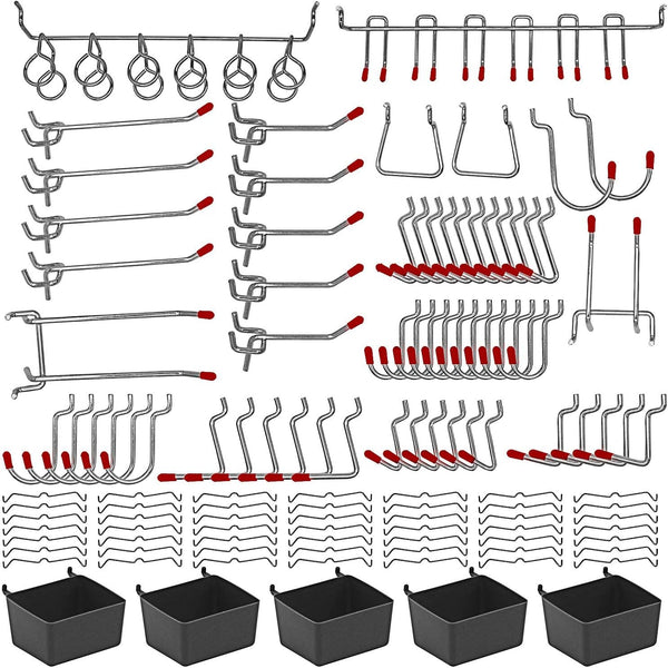114 Pcs Pegboard Hooks Assortment with Metal Hooks, Bins, and Peg Locks for Organizing Storage System Tools