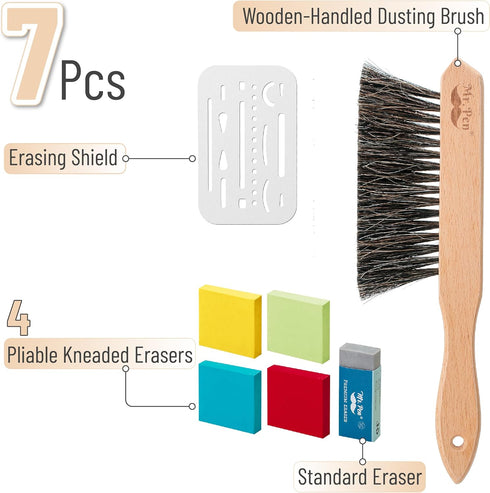 Mr. Pen Art Eraser Set, 7 pcs - Pencil Erasers for Artists, Drawing Erasers, Kneaded Erasers, Drafting Brush