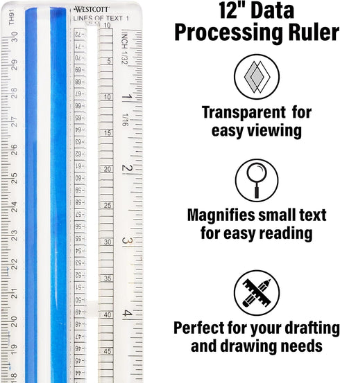 Westcott Data Processing Magnifying Ruler, 12-Inches, Clear (14125)