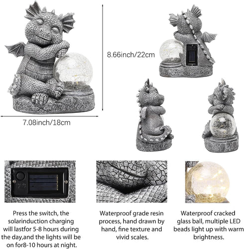 Garden Outdoor Dragon Statue Holding Solar Magic Orb LED Light Resin Adorable Baby Dragon Figurines for Patio Balcony