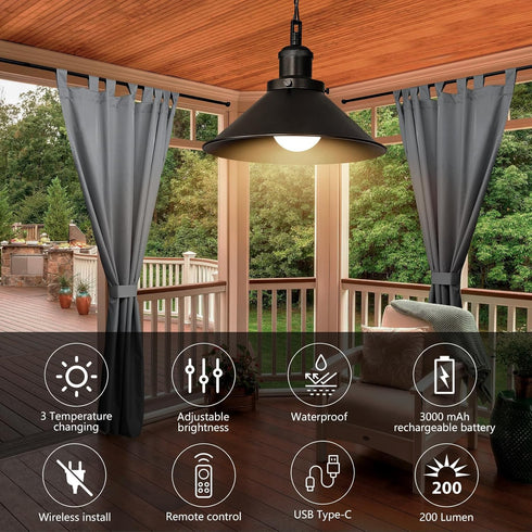 Bailoch 1 Pack Black Portable Battery Operated Hanging Light, Rechargeable Wireless Outdoor Pendant Light with Remote