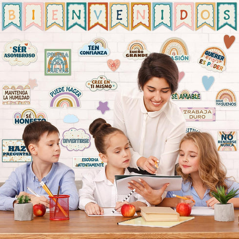 Spanish Boho Rainbow Classroom Bulletin Board Set, Motivational Decor for Teachers with Positive Inspirational Cutouts