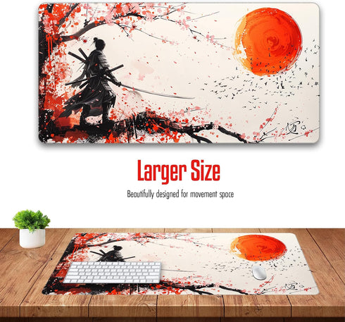 Large Japanese Gaming Mouse Pad, White and Red, Premium Non-Slip Anime Desk Pad, Waterproof 31.5 x 15.7 in (sam3)