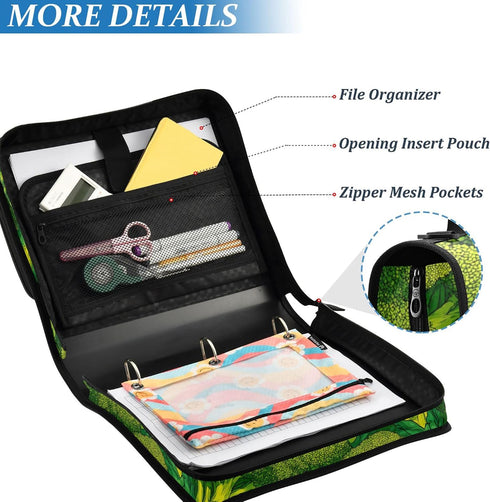 Fisyme 3 Broccoli Pattern Zipper Binder Ring with Zipper and Shoulder Strap Large Capacity Multi-Pocket Binder