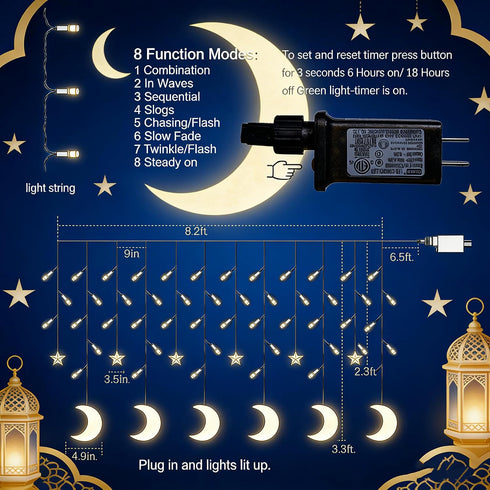 138 8.2 8 Dazzle Bright Ramadan Curtain String Lights, LED FT Warm White Star Moon Window Lights with Timer