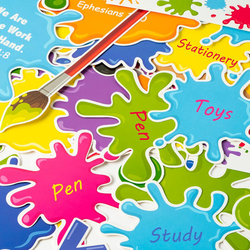 WATINC 131Pcs Back to School God Paint Splatter Cutouts, Colorful Art Bulletin Board Decoration Set