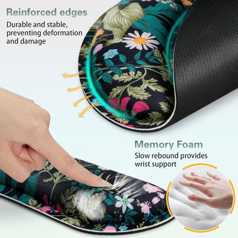 QOMOLAMA Set, 3-in-1 Set, Mouse Pad with Wrist Rest Wrist Support Mouse Pad Floral Gaming Mousepad with Anti-Skid