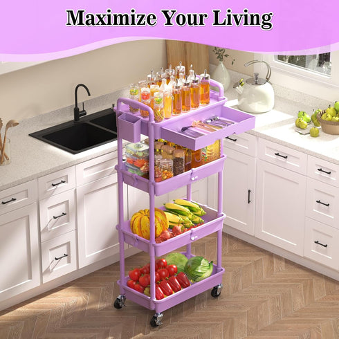 4 SUNALLY Tier Rolling Cart Organizer with Drawer, Bathroom Storage Carts with Wheels & Plastic Shelf, Mobile Storage