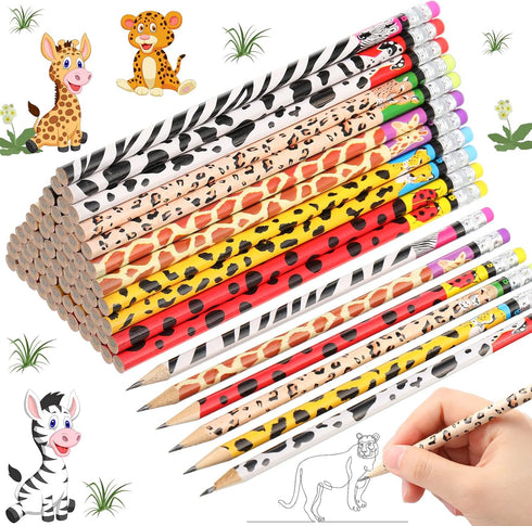 Zhehao 72 Pcs Jungle Theme Pencils, Animal Print with Eraser, Bulk Safari Birthday Party Supplies