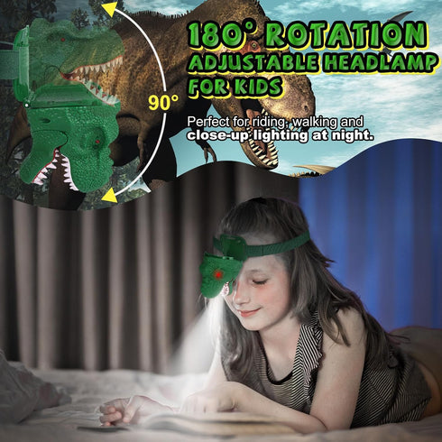 Kids Dinosaur Headlamp Flashlight - LED Headlights with Roar & Silent Mode, T-Rex Toys for Camping