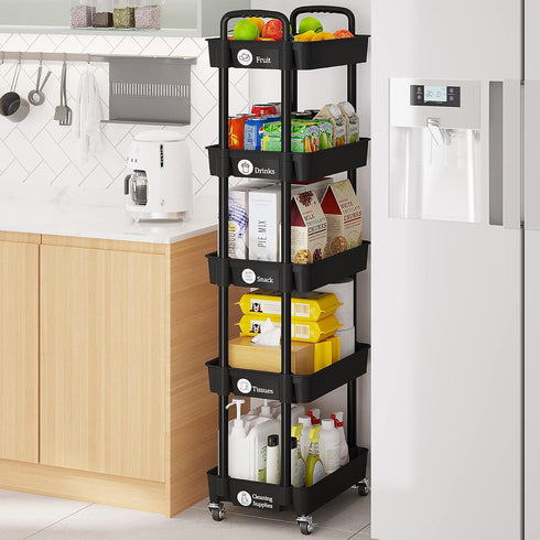 5-Tier Laiensia Multifunction Utility Rolling Cart, Plastic & Metal Storage Organizer, Black, Lockable Wheels, Modern