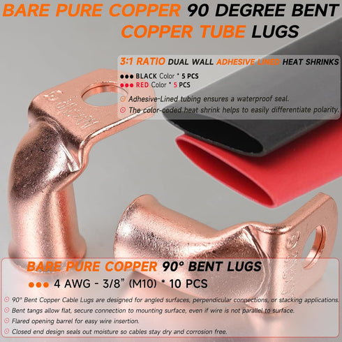 Bare Copper Cable Lugs 10pcs 4 AWG-3/8" 90 Degree Bent Battery Lugs, Heavy Duty Wire Lugs with Heat Shrink Tubing