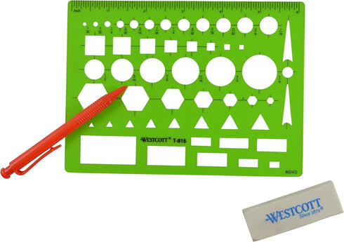 Westcott T-816 All-Purpose Technical Drawing Template, Green, 4.5 by 6 in, Plastic Shape Tool
