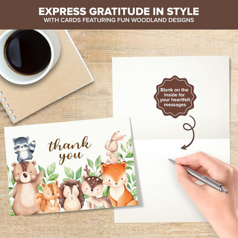 50 Pack 6x4in 10 Decorably Woodland Thank You Cards with Envelopes and Stickers, Folded Adorable Designs for Boys
