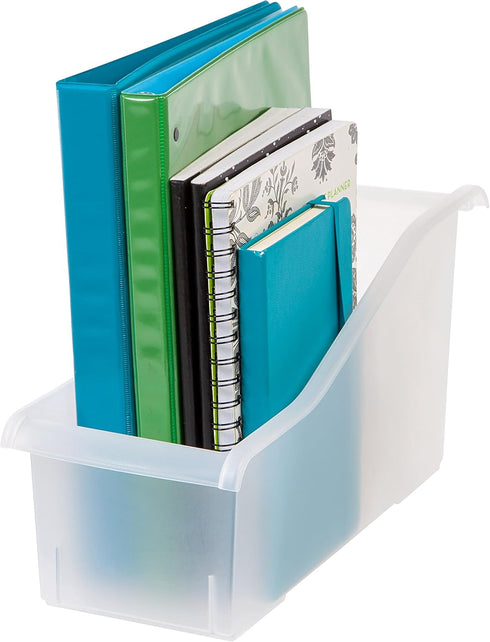 IRIS USA Plastic Connecting Book Bin and Paper Storage Container, 15" x 6", 8-Pack for Office Classroom, Clear