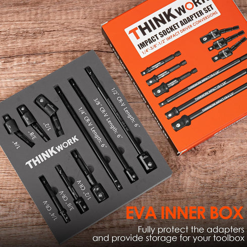 THINKWORK 9-Piece Impact Socket Adapter Set, 1/4" 3/8" 1/2" Drill Socket Adapter for Cordless Drill