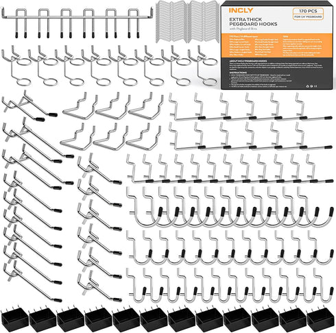 INCLY 170PCS 1/4 Inch Pegboard Hooks Kit, Heavy Duty Organizer Accessories with Pegboard Bins & Peg Lock