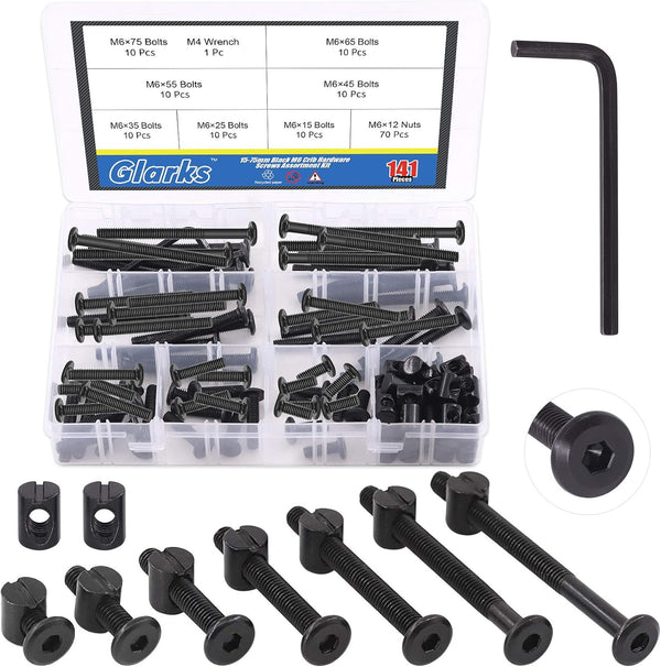 Glarks 141Pcs Baby Bed Crib Screws Hardware Replacement Kit, M6x15/ 25/35/ 45/55/ 65/
