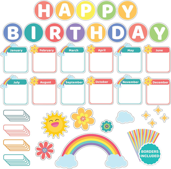Decorably 101 Pcs Rainbow Birthday Classroom Decor - Reusable Birthday Chart with Borders for Bulletin Board