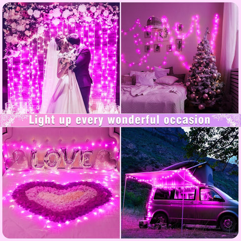 100FT 300 8 LED Outdoor String Lights, Connectable Pink Christmas Lights Indoor Waterproof with Modes, Plug in Twinkle