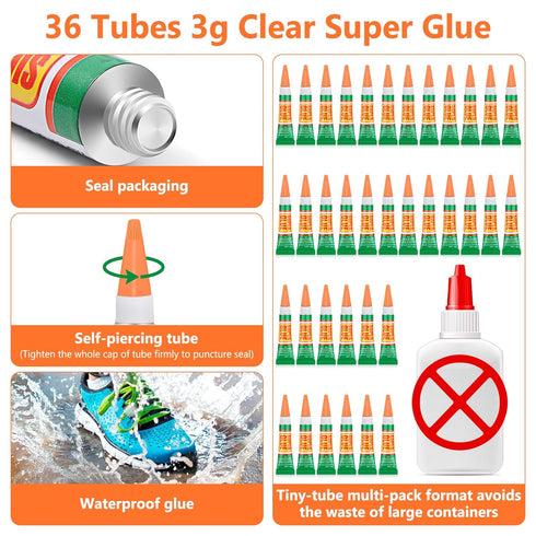 36 x 3g Clear Super Strong Glue for All Purpose, Instant Quick Dry Cyanoacrylate Adhesive Gel Tubes for DIY Crafts