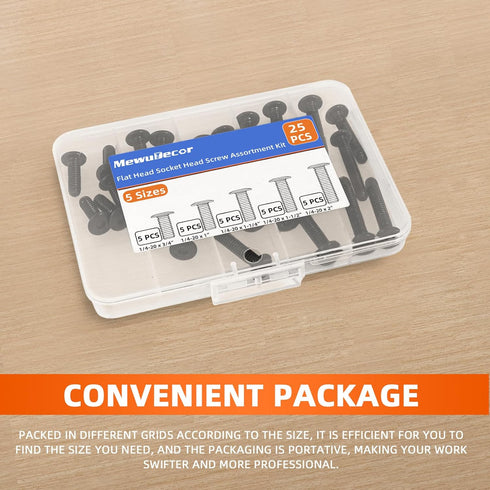 25 PCS Assortment Kit of 1/4-20 Flat Head Socket Head Screws, Stainless Steel 18-8 (304), Black Finish, Fully Threaded