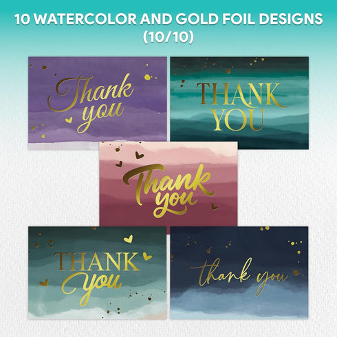 50 Pack 6x4in 10 Decorably Gold-Foiled Watercolor Blank Thank You Cards with Envelopes Bulk and Stickers, Folded