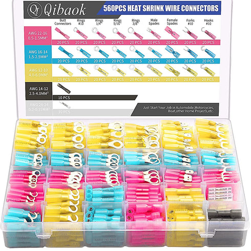 560 PCS Heat Shrink Wire Connectors Qibaok Electrical Connectors Kit for 16-14 22-16 12-10 Gauge Insulated Splices