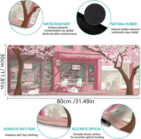 LIMKRIAN 31.5in Cat Mouse Pad Large Desk Mat, Pink Cherry Blossom Computer Mousepad with Stitched Edges Non-Slip