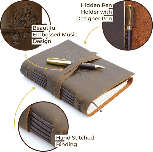 Leather Bound Journal for Men and Women, Handmade Gift Set, Music Notes Embossed Journal, Vintage Classic, 300 Pages