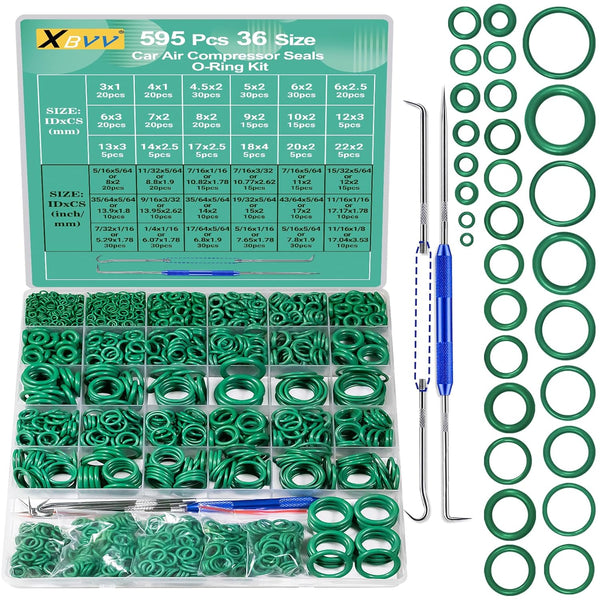 595 Pcs Metric and SAE Air Conditioning O-Ring Kit for Automotive A/C and Plumbing Seal Repairs