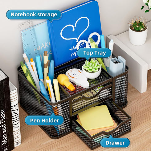 Marbrasse Mesh Desk Organizer, Pen Organizer with 2 Drawer, Multi-Functional Pencil Holder for Desk, Desk Organizers and Accessories with 5 Compartments + Drawer for Office Art Supplies (Black) by Marbrasse