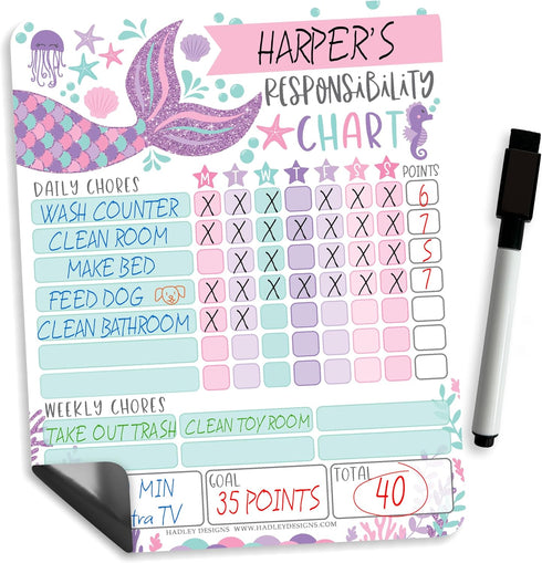 Magnetic Chore Chart for Kids - Mermaid Good Behavior Chart, Dry Erase Daily & Weekly Responsibility List at Home